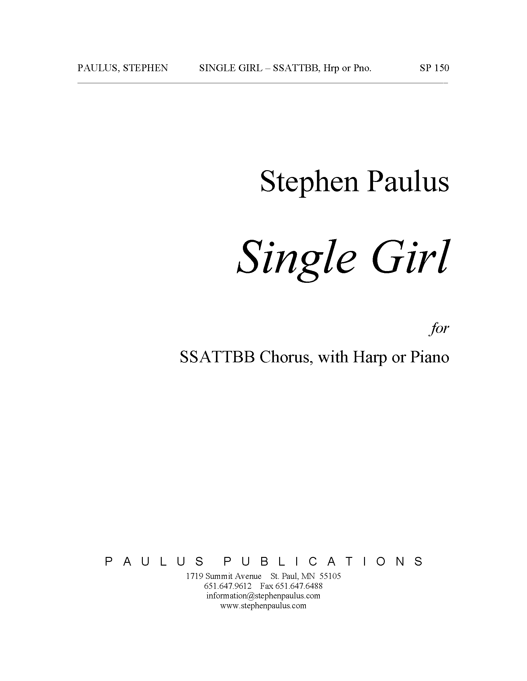 Single Girl for SSATTBB Chorus & Harp (or Piano)